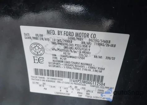 2010 Ford Taurus Limited z USA, uszkodzony, nr VIN 1FAHP2JW0AG112504